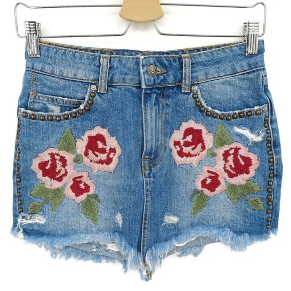 Free People Wild Rose 24 Emrboidered Floral Studded Raw Hem Denim Jean Skirt - Picture 10 of 10